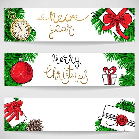 Abstract vector illustration of a pocket watch, a New Year's ball, gifts, fir branches and buds. Horizontal Christmas banners for your design.のイラスト素材