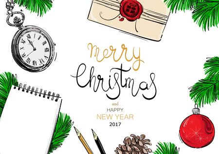 Abstract vector illustration with fir branches, Christmas ball, pocket watches, fir cones, notepad and pencil. Christmas background for your design.のイラスト素材