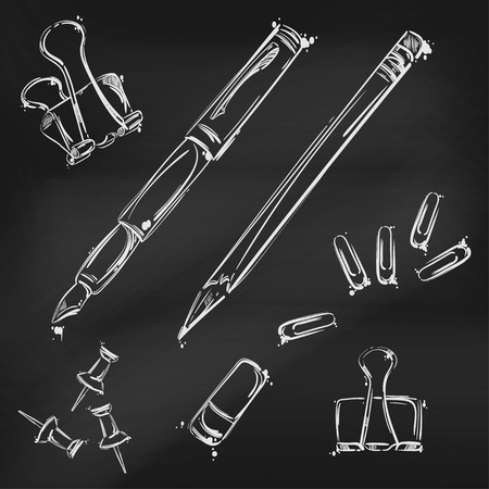 Abstract vector illustration with a pen, pencil, eraser, paper clips and buttons. Set against the background of the school board.のイラスト素材