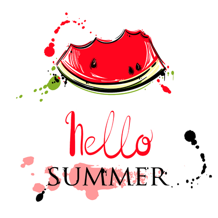 Abstract vector illustration with watermelon slices. Hello summer. Background for design of postcard, banner, poster, flyerのイラスト素材