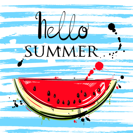 Abstract vector illustration with watermelon slices. Hello summer. Background for design of postcard, banner, poster, flyerのイラスト素材