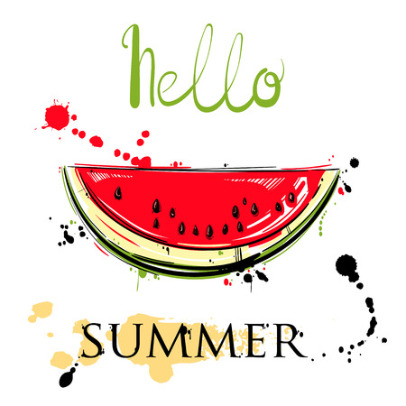 Abstract vector illustration with watermelon slices. Hello summer. Background for design of postcard, banner, poster, flyerのイラスト素材