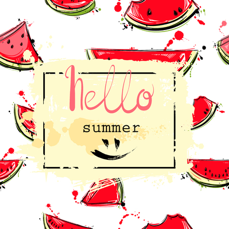 Abstract vector illustration with watermelon slices. Hello summer. Background for design of postcard, banner, poster, flyerのイラスト素材