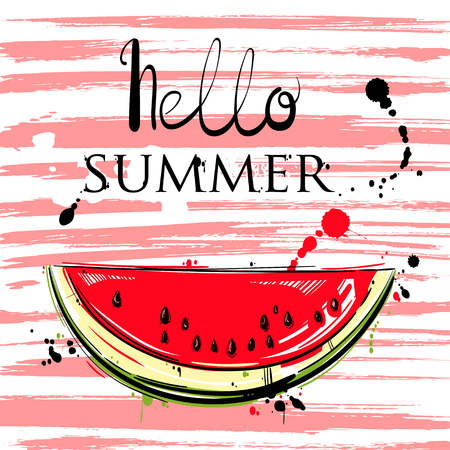 Abstract vector illustration with watermelon slices. Hello summer. Background for design of postcard, banner, poster, flyerのイラスト素材