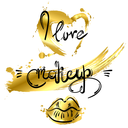 Abstract vector illustration with golden lips, heart. Gold style. I love makeup. Background for design of postcard, banner, poster, flyer. Lettering and calligraphy. Fashion illustration.のイラスト素材