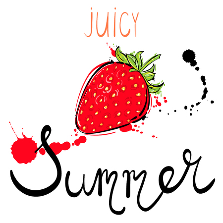 Abstract vector illustration with strawberry. Juicy summer. Lettering. Background for the design of a banner, poster, T-shirt, logo and other.のイラスト素材