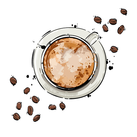 Vector abstract illustration with a cup of coffee and coffee beans. Background for your design menu, postcard, banner, magazine and other.のイラスト素材
