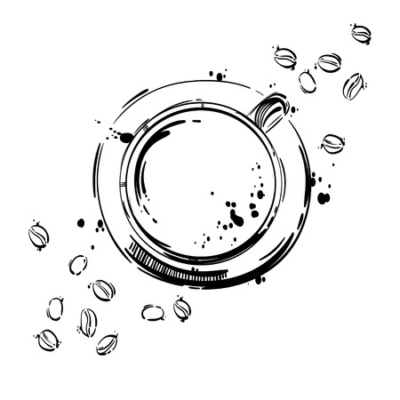 Vector abstract illustration with a cup of coffee and coffee beans. Background for your design menu, postcard, banner, magazine and other.のイラスト素材