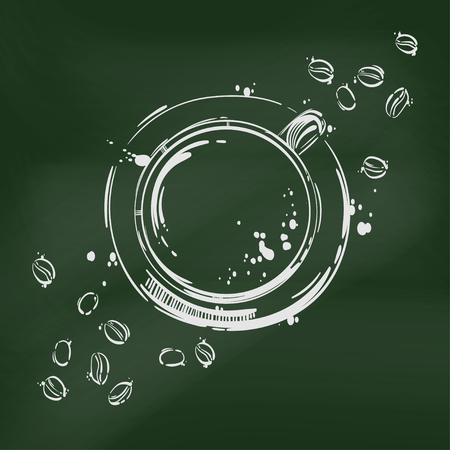 Vector abstract illustration with a cup of coffee and coffee beans. Blackboard. Background for your design menu, postcard, banner, magazine and other.のイラスト素材