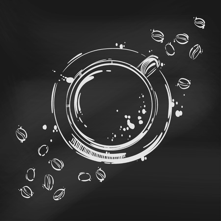 Vector abstract illustration with a cup of coffee and coffee beans. Blackboard. Background for your design menu, postcard, banner, magazine and other.のイラスト素材
