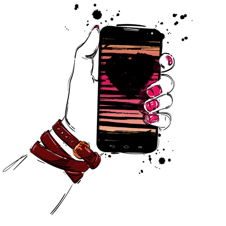 Mobile phone close-up in a female hand. Fashion illustration. Glamorous background with heart.のイラスト素材