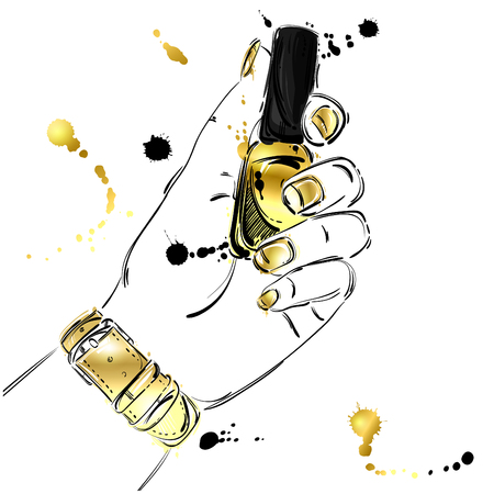 Vector abstract illustration of nail polish in a female hand. Beauty and fashion. Manicure. Beauty salon. Glamorous fashion illustration. Gold style.のイラスト素材