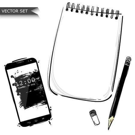 Vector abstract illustration with mobile phone, notebook, stick and pencil. Business background. Isolatedのイラスト素材
