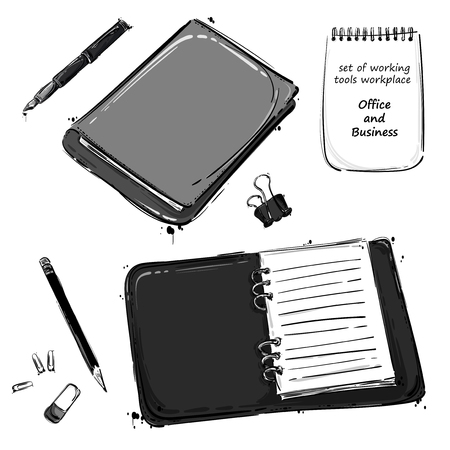 Vector set of working tools: notebook, pen, pencil, eraser, paper clip. Office table. Business. Isolate on white background.のイラスト素材