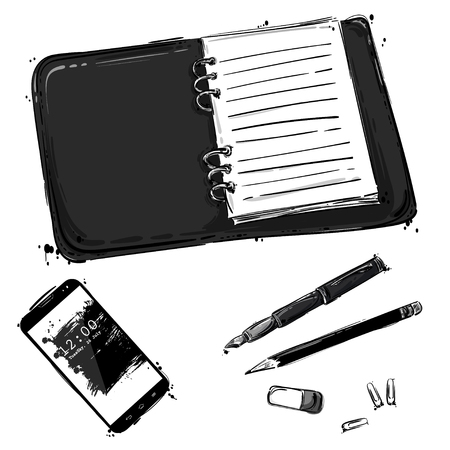 Vector abstract illustration with mobile phone, notebook, staple, pen, pencil and paper clips. Business background. Office table. Isolated.のイラスト素材