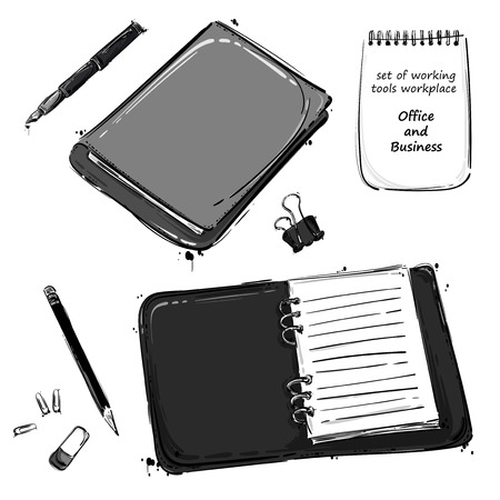 Vector set of working tools: notebook, pen, pencil, eraser, paper clip. Office table. Business. Isolate on white background.のイラスト素材