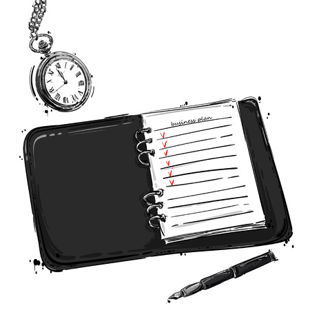 Vector abstract illustration with notebook, pen and round pocket watch. Business background. Workplace.のイラスト素材