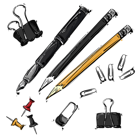 Vector set of working tools: pen, pencil, eraser, paper clip button. Office table. Business. Isolate on white background.のイラスト素材