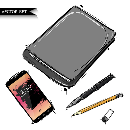Vector abstract illustration with notebook, pencil, pen, stick and mobile phone. Isolated background for design of postcard, banner, poster and other. Business and office.のイラスト素材