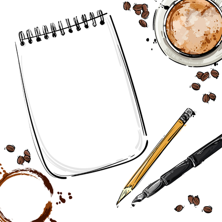 Vector abstract illustration with notebook, pen, pencil, coffee mug and coffee beans. Isolated background for design of postcard, banner, poster and other. Business and office.のイラスト素材