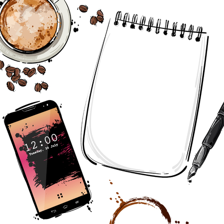 Vector abstract illustration with notebook, pen, mobile phone, coffee mug and coffee beans. Isolated background for design of postcard, banner, poster and other. Business and office.のイラスト素材