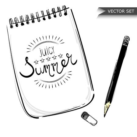 Vector abstract illustration with notebook, pencil and stiker. Juicy summer. Isolated background for design of postcard, banner, poster and other. Calligraphy and lettering.のイラスト素材