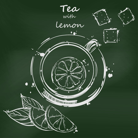 Vector abstract illustration with a cup of tea, a slice of lemon and cubes of sugar. Blackboard. Background for your design menu, postcard, banner, magazine and others.のイラスト素材