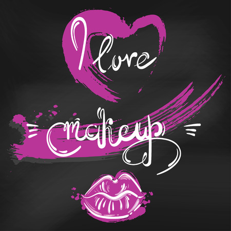 Abstract vector illustration with pink lips, heart. I love makeup. Background for design of postcard, banner, poster, flyer. Lettering and calligraphy. Fashion illustration.のイラスト素材