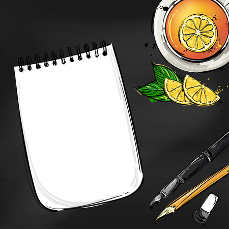 Vector abstract illustration with a notebook, pen, pencil and a mug of tea. Background for the design of a banner, poster, billboard, advertisement, postcard.のイラスト素材