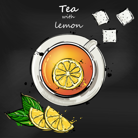 Vector abstract illustration with a cup of tea, a slice of lemon and cubes of sugar. Background for your design menu, postcard, banner, magazine and others.のイラスト素材