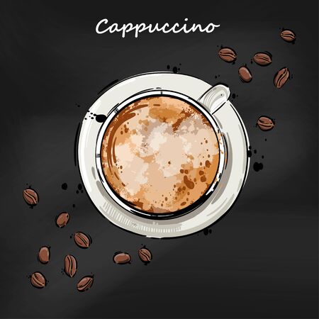 Vector abstract illustration with a cup of coffee and coffee beans. Background for your design menu, postcard, banner, magazine and other.のイラスト素材