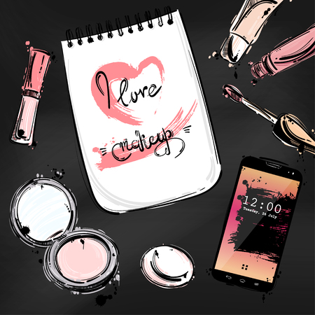 Vector abstract illustration with notebook, lipstick, powder and mobile phone. Beauty and fashion. Workplaceのイラスト素材