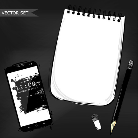 Vector abstract illustration with mobile phone, notebook, stick and pencil. Business background.のイラスト素材