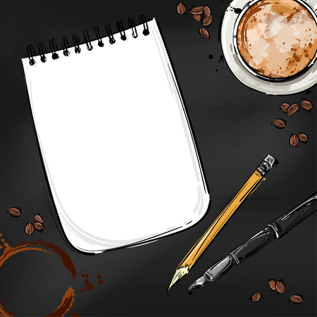 Vector abstract illustration with notebook, pen, pencil, coffee mug and coffee beans. Background for design of postcard, banner, poster and other. Business and office.のイラスト素材