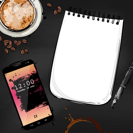 Vector abstract illustration with notebook, pen, mobile phone, coffee mug and coffee beans. Background for design of postcard, banner, poster and other. Business and office.のイラスト素材
