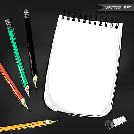 Vector abstract illustration with notebook and colored pencils. Background for design of postcard, banner, poster and other. Business and office.のイラスト素材
