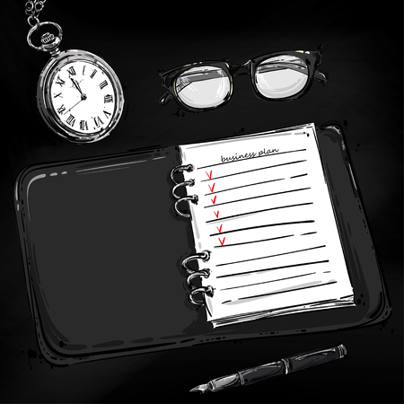 Vector abstract illustration with notebook, glasses for sight, pen and round pocket watch. Background for the design of a banner, poster, billboard, advertisement, postcard.のイラスト素材