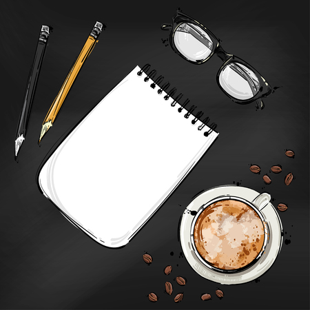 Vector abstract illustration with a notebook, glasses for sight, pencil and a mug of coffee. Background for the design of a banner, poster, billboard, advertisement, postcard.のイラスト素材