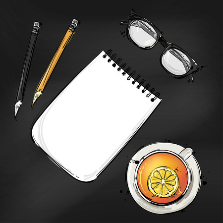 Vector abstract illustration with a notebook, glasses for sight, pencil and a mug of tea. Background for the design of a banner, poster, billboard, advertisement, postcard.のイラスト素材