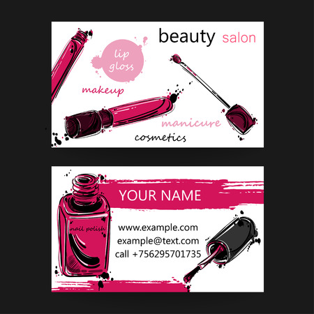 Business card of beauty salon. Vector abstract illustration with nail polish and lip gloss.のイラスト素材