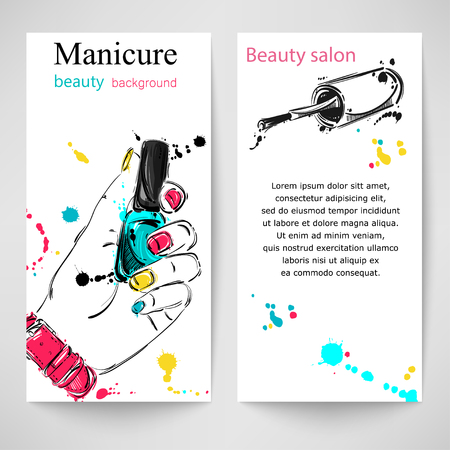 Vector abstract illustration with nail polish and cosmetic brush. Vertical banner for your design.のイラスト素材