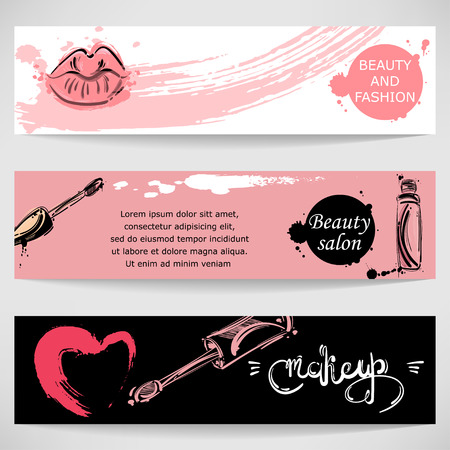 Vector abstract illustration with glitter for lips, cosmetic brush, heart and lips. Horizontal banner for your design.のイラスト素材
