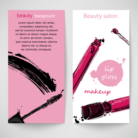 Vector abstract background with mascara and lip gloss. Vertical banners. Fashion illustration.のイラスト素材