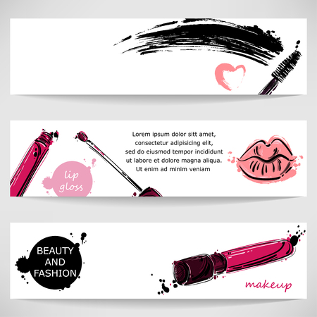 Vector abstract background with glitter for lips and mascara. Horizontal banners. Fashion illustration.のイラスト素材