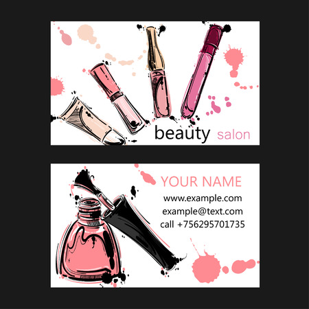 Vector abstract background with nail polish and lip gloss. Business card of beauty salon. Fashion illustration.のイラスト素材