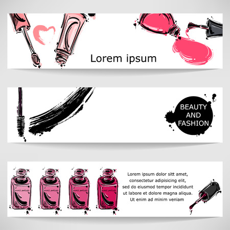 Vector abstract background with glitter for lips, mascara, nail polish. Horizontal banners. Fashion illustration.のイラスト素材