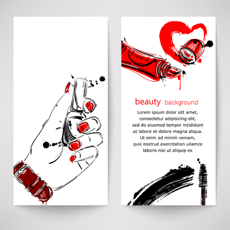 Vector abstract background with glitter for lips, mascara, nail polish. Vertical banners. Fashion illustration.のイラスト素材