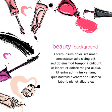 Vector abstract background with lip gloss, mascara, nail polish. Fashion illustration.のイラスト素材