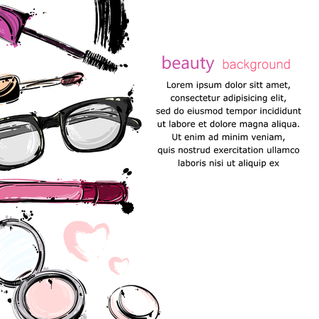 Vector abstract background with lip gloss, mascara, powder, sunglasses. Fashion illustration.のイラスト素材