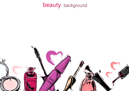 Vector abstract background with lip gloss, nail polish, mascara, powder. Fashion illustration.のイラスト素材